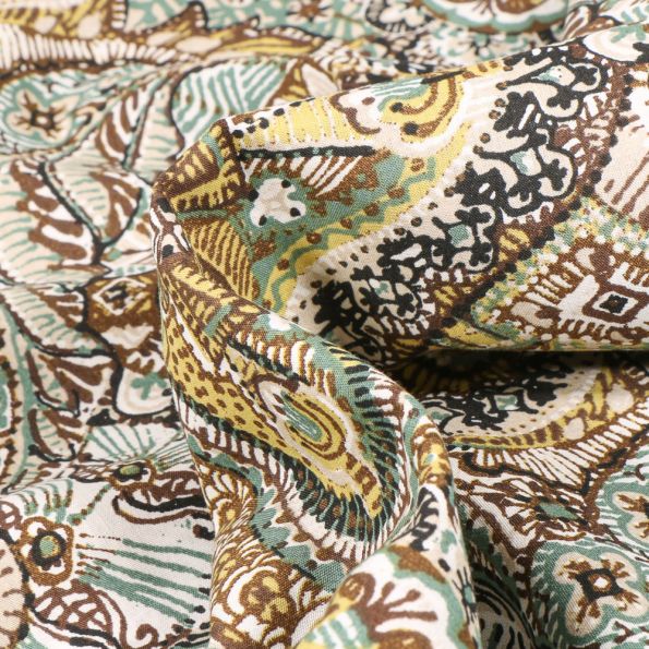 Tissu Popeline de coton Sweet Flower Arya Marron sur fond Beige - Par 10 cm