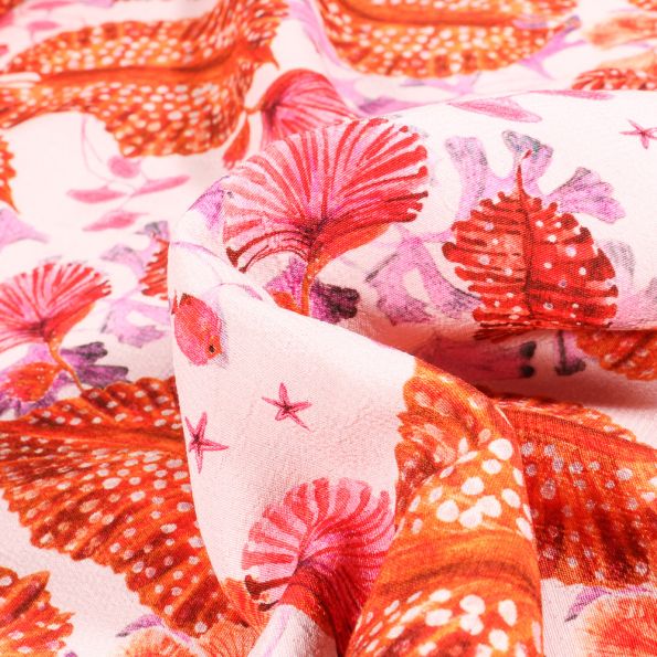 Tissu Crêpe marocain Grandes fleurs Oranges sur fond Blanc - Par 10 cm