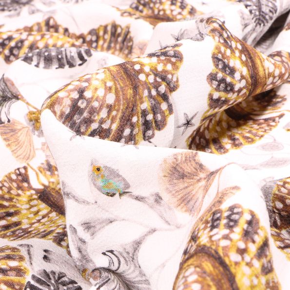 Tissu Crêpe marocain Grandes fleurs Taupes sur fond Blanc - Par 10 cm