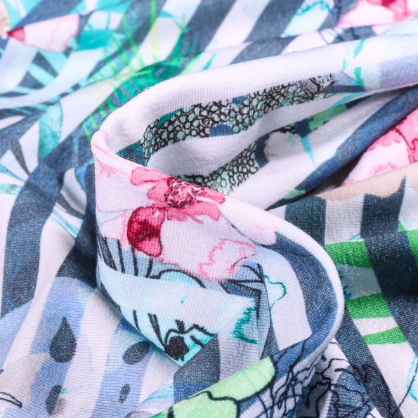 Tissu Jersey Viscose Fleurs tropicales et rayures sur fond Blanc - Par 10 cm