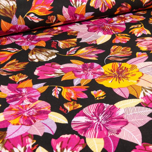 Tissu Viscose Twill Pensée striée sur fond Noir - Par 10 cm