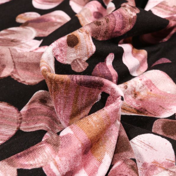 Tissu Jersey Viscose Planète rose sur fond Noir - Par 10 cm