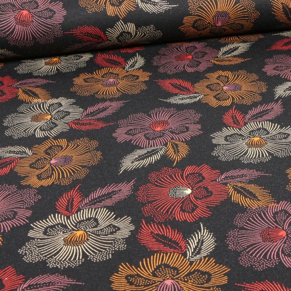 Tissu Jersey Viscose Hibiss rouge sur fond Noir - Par 10 cm