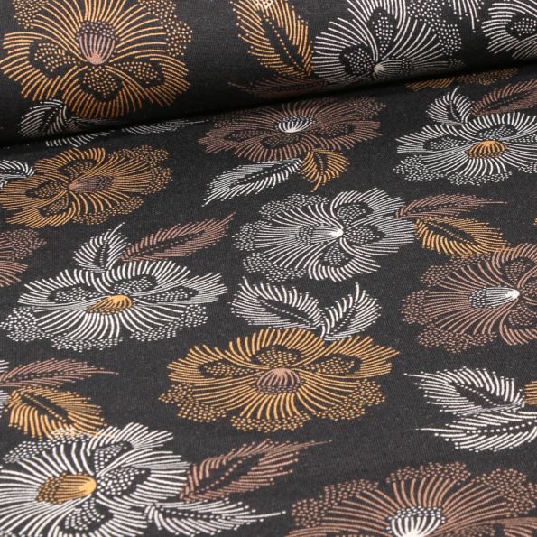 Tissu Jersey Viscose Hibiss marron sur fond Noir - Par 10 cm