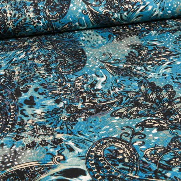 Tissu Jersey Viscose Esperenza sur fond Bleu - Par 10 cm