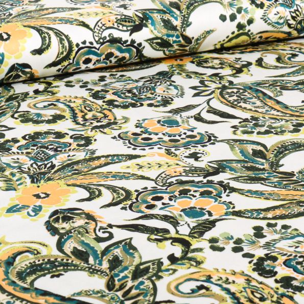 Tissu Coton Satiné extensible Paisley Flowers vert sur fond Blanc - Par 10 cm