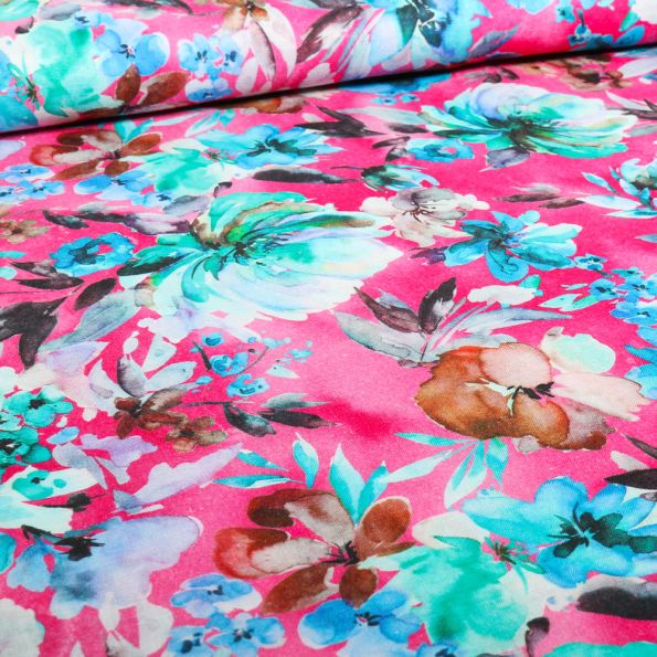 Tissu Lin Hanna sur fond Rose - Par 10 cm