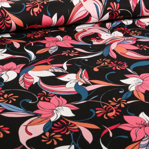 Tissu Jersey Viscose Agneta sur fond Noir - Par 10 cm