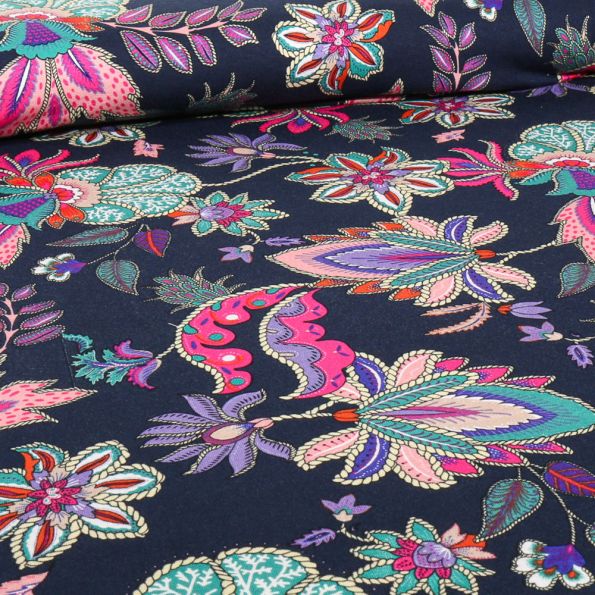 Tissu Jersey Viscose Esmé sur fond Bleu marine - Par 10 cm