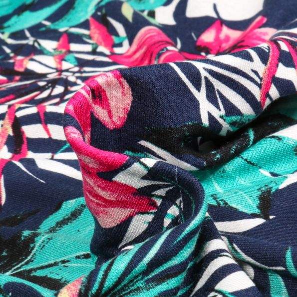 Tissu Jersey Viscose Tropik sur fond Bleu marine - Par 10 cm