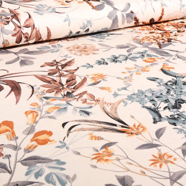 Tissu Jersey Viscose Göta bleu sur fond Ecru - Par 10 cm