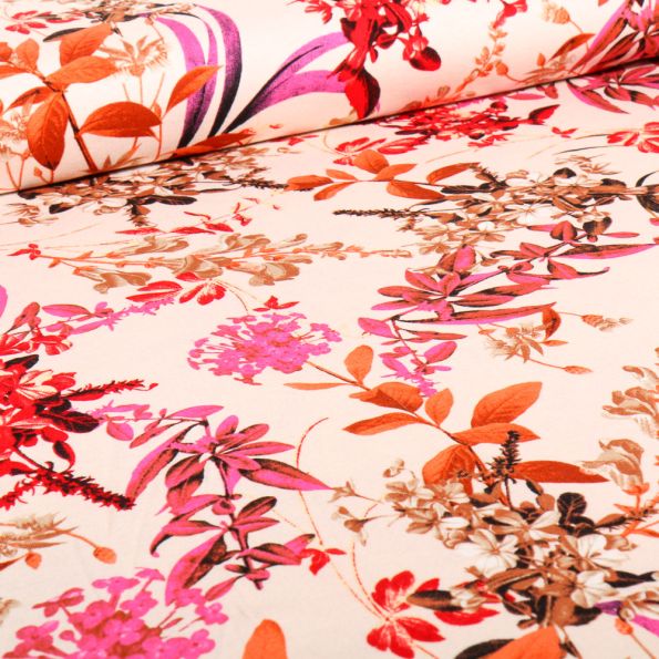 Tissu Jersey Viscose Göta rose sur fond Ecru - Par 10 cm