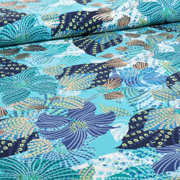 Tissu Viscose Aurora sur fond Bleu turquoise - Par 10 cm