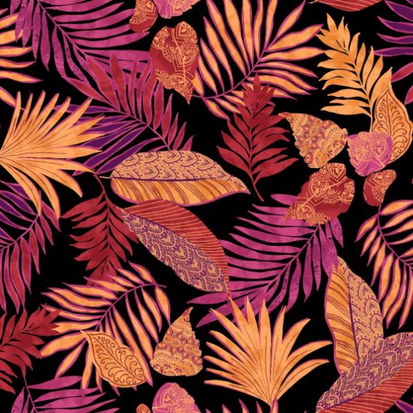 Tissu Jersey Viscose Leaves Corail sur fond Noir - Par 10 cm