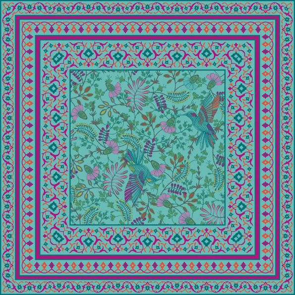 Panneau Paréo Voile de Viscose Colibris Turquoise - 140 x 140 cm
