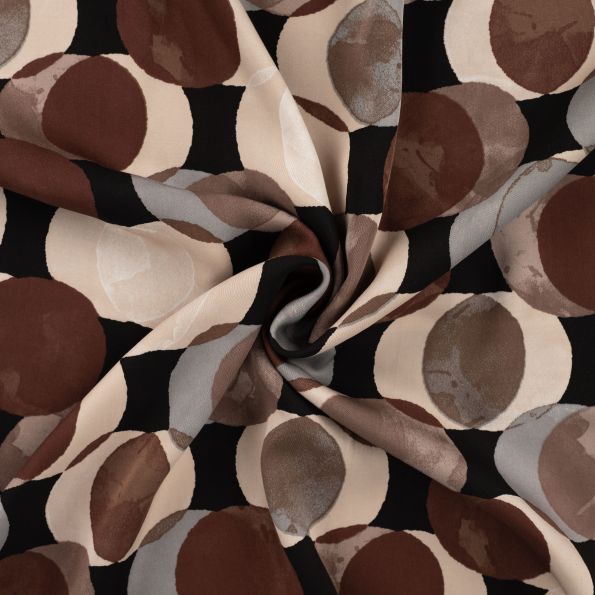 Tissu Satin Viscose Funny pois marron et beige sur fond Noir - Par 10 cm