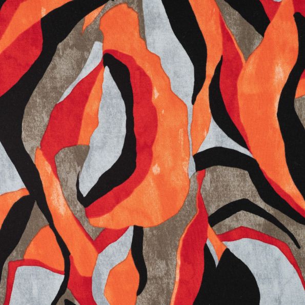 Tissu Jersey Viscose imprimé motif abstrait orange sur fond Noir - Par 10 cm