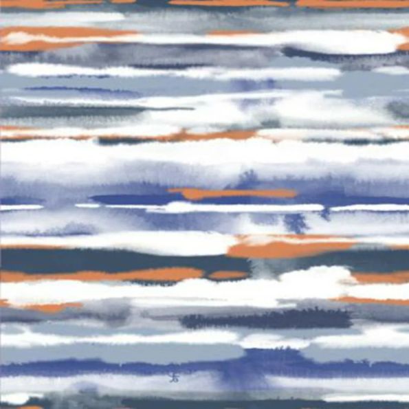 Tissu Sweat léger French Terry Rayé sur fond Bleu denim - Par 10 cm