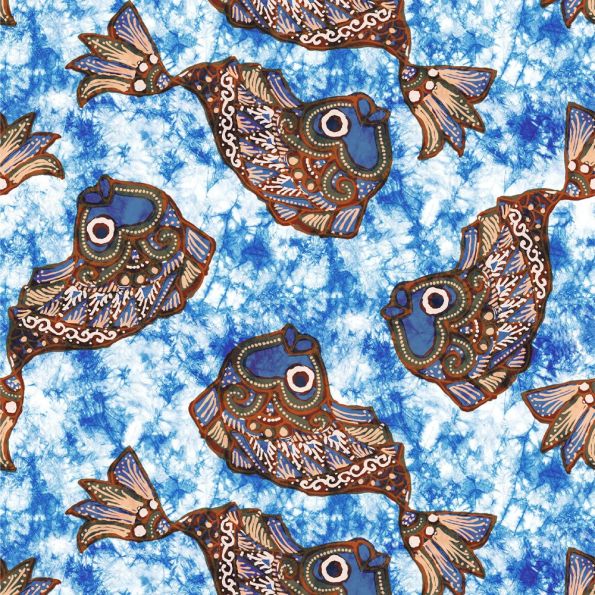 Tissu Voile de Coton Batik Poisson marron sur fond Bleu - Par 10 cm