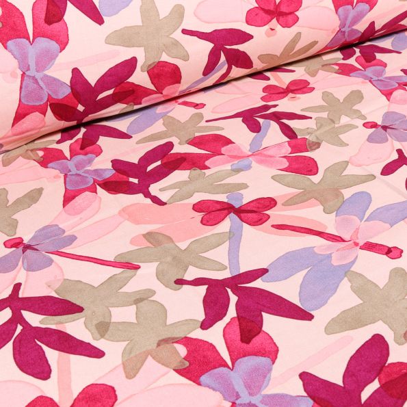 Tissu Viscose Craftine Aquarelle Jardin secret sur fond Rose pâle - Par 10 cm