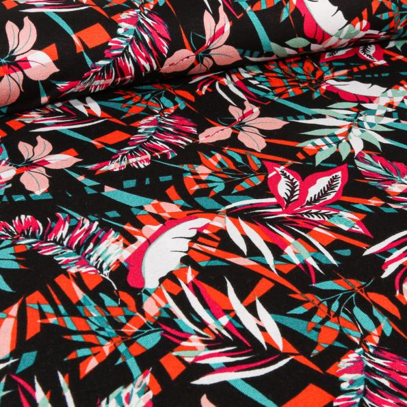 Tissu Jersey Viscose Tropic Night sur fond Noir - Par 10 cm