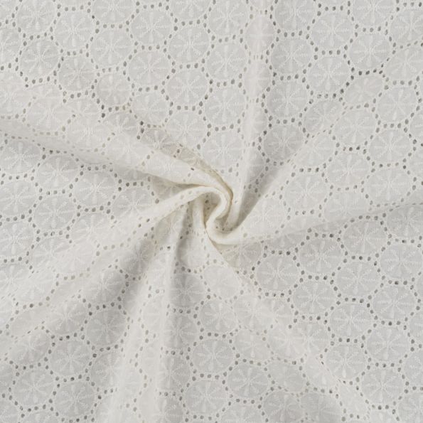 Tissu Popeline de Coton Broderie Anglaise Cercles sur fond Blanc cassé - Par 10 cm