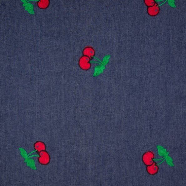 Tissu Denim Jean Cerises rouges et vertes sur fond Bleu foncé - Par 10 cm