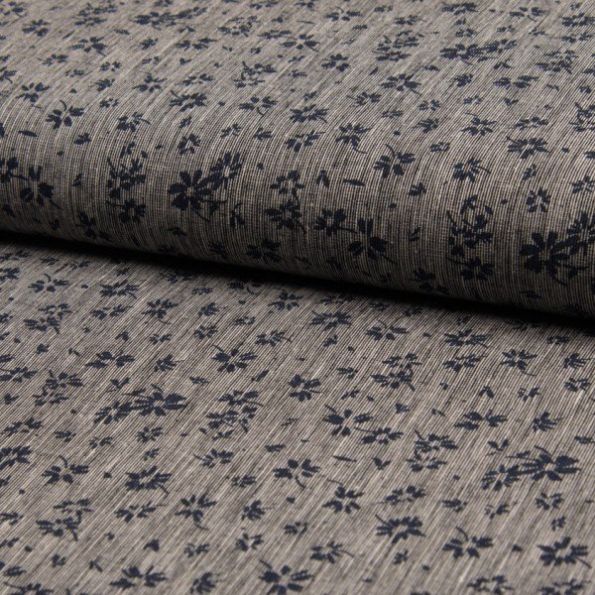 Tissu Lin coton imprimé Petites fleurs bleu marine sur fond Gris chiné - Par 10 cm