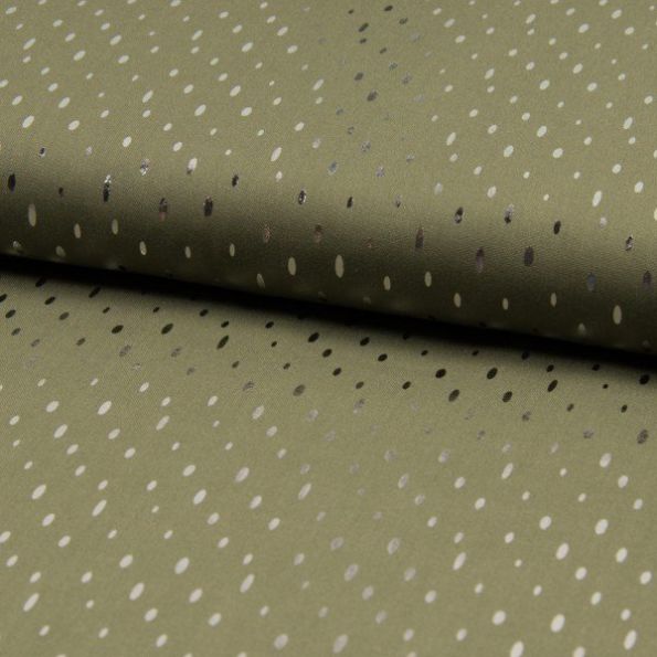 Tissu Viscose  Gouttes métallisées argentées Vert kaki - Par 10 cm