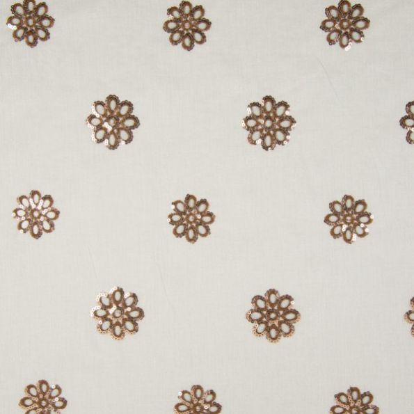 Tissu Voile de coton Fleurs camel brodées de sequins argentés sur fond Blanc - Par 10 cm