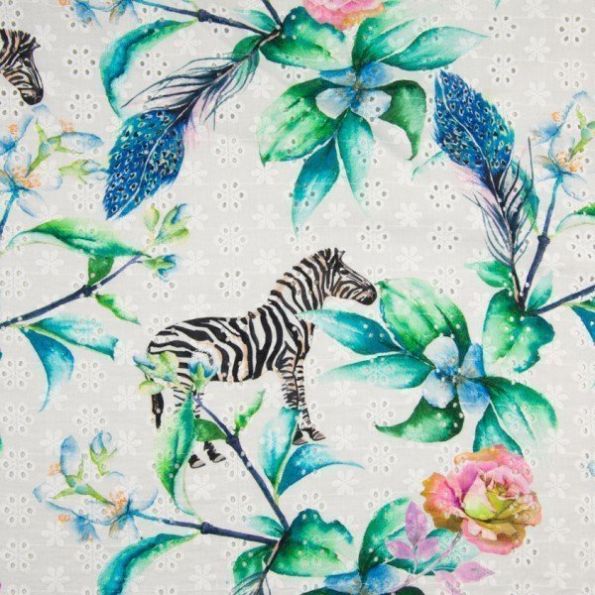 Tissu Coton brodé et ajouré Zèbres et feuilles sur fond Blanc - Par 10 cm