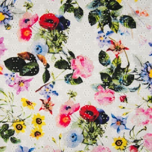 Tissu Coton brodé et ajouré Feuilles et fleurs sur fond Blanc - Par 10 cm