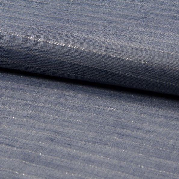 Tissu Viscose  Rayures lurex argentées sur fond Bleu jean - Par 10 cm