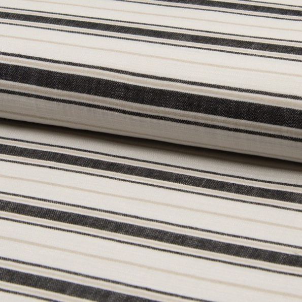Coupon Tissu Viscose Coton et Lin rayé Noir et beige large sur fond Beige - Coupon de 10 cm
