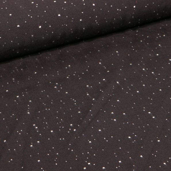 Tissu Viscose Pois métallisés argentés sur fond noir - Par 10 cm