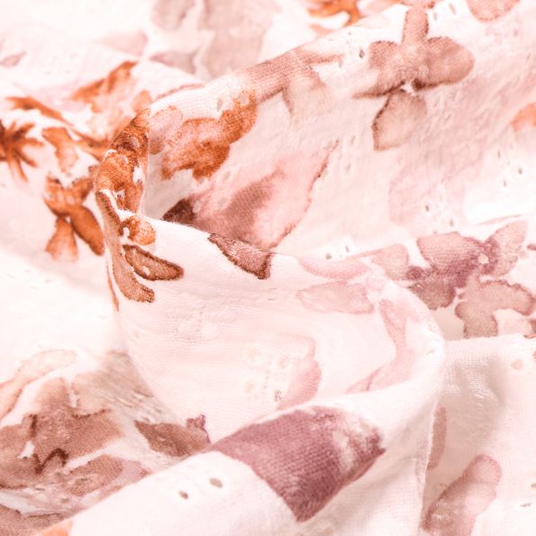 Tissu Double gaze ajouré brodé Aquarelle fleuris marron sur fond Blanc cassé - Par 10 cm