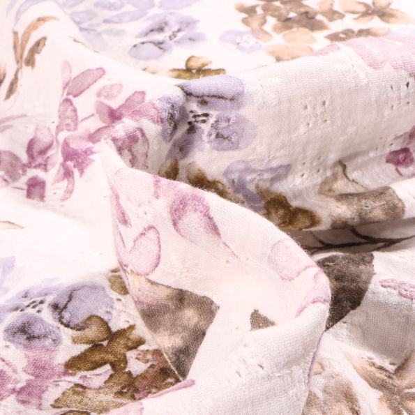 Tissu Double gaze ajouré brodé Aquarelle fleuris parme sur fond Blanc cassé - Par 10 cm