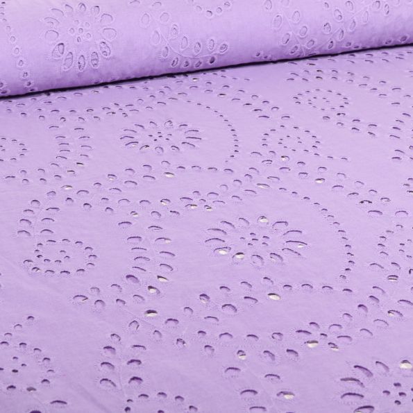 Tissu Broderie anglaise Suzzy sur fond Lilas - Par 10 cm