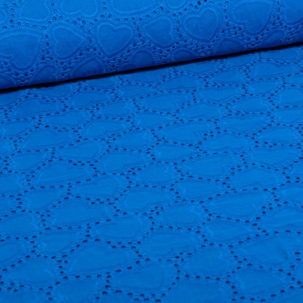 Tissu Broderie anglaise Hearts sur fond Bleu roi - Par 10 cm