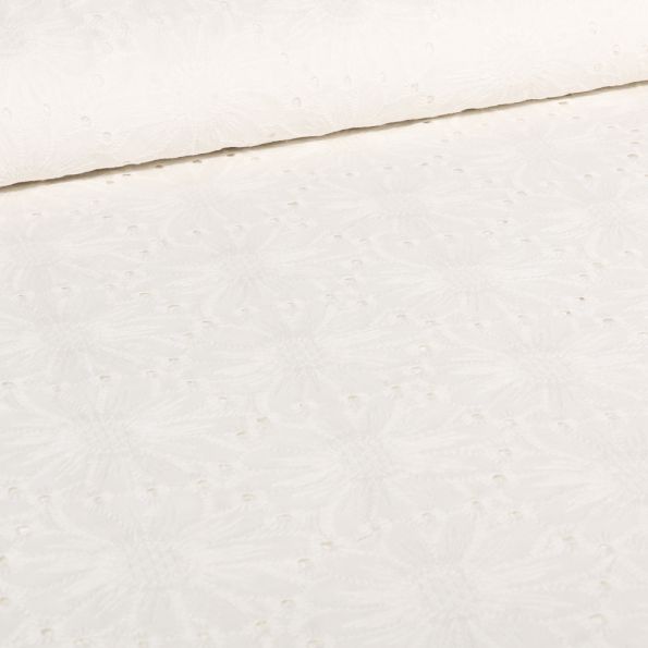 Tissu Broderie anglaise Pâquerette sur fond Blanc - Par 10 cm