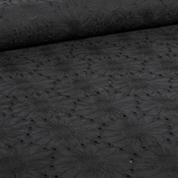 Tissu Broderie anglaise Pâquerette sur fond Noir - Par 10 cm