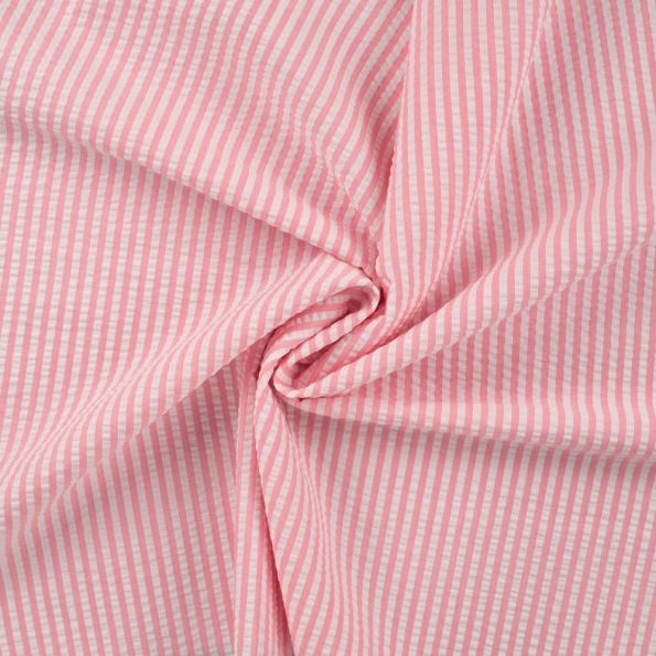 Tissu Popeline de Coton Seersucker Rayé Rose bébé - Par 10 cm