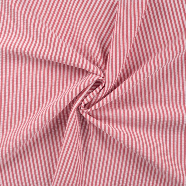 Tissu Popeline de Coton Seersucker Rayé Rouge - Par 10 cm