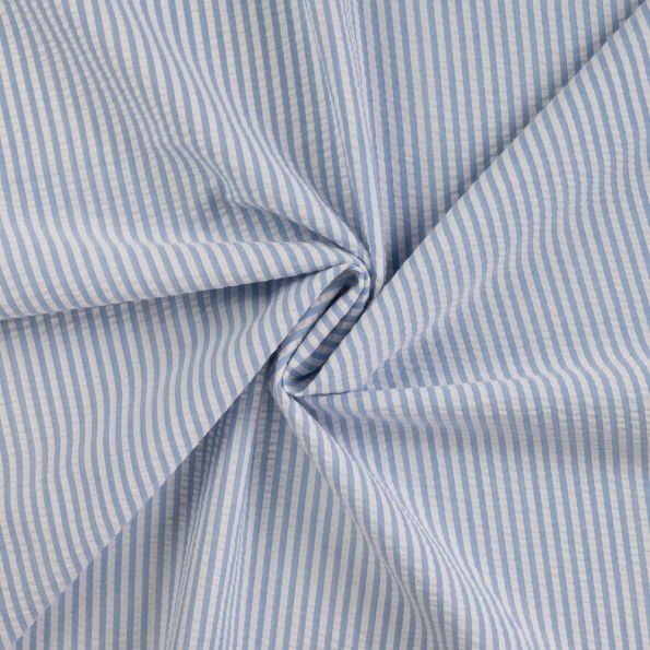 Tissu Popeline de Coton Seersucker Rayé Bleu clair - Par 10 cm