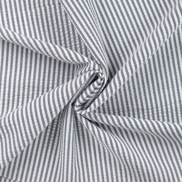 Tissu Popeline de Coton Seersucker Rayé Bleu marine - Par 10 cm