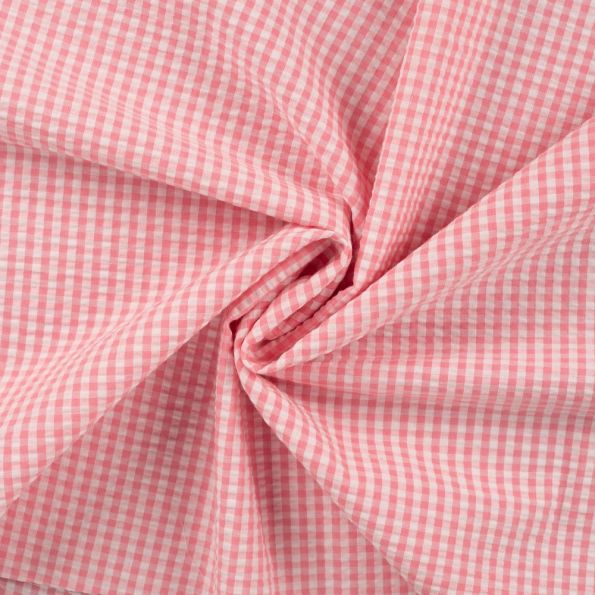 Tissu Seersucker Coton Vichy Rose clair sur fond Blanc - Par 10 cm