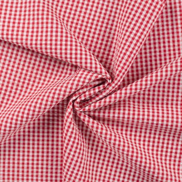 Tissu Seersucker Coton Vichy Rouge sur fond Blanc - Par 10 cm