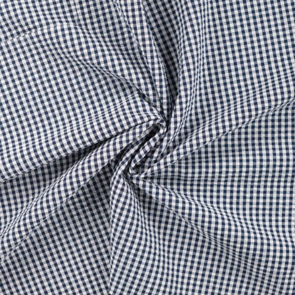 Tissu Seersucker Coton Vichy sur fond Bleu marine - Par 10 cm