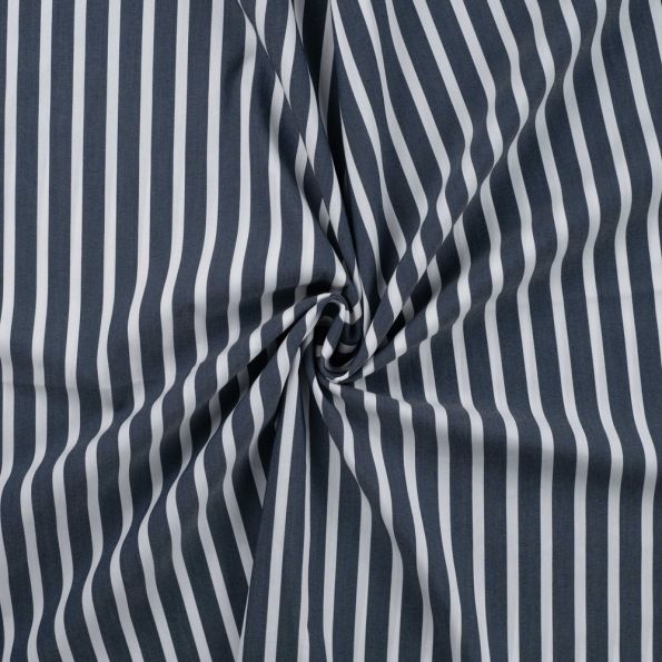 Tissu Coton Stretch rayé Rayures Blanche sur fond Bleu marine - Par 10 cm