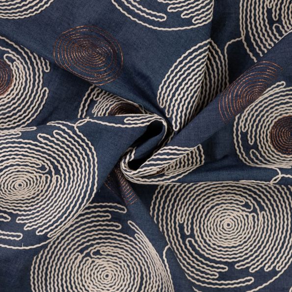 Tissu Jean Denim Naoko brodé Spirales sur fond Bleu indigo - Par 10 cm